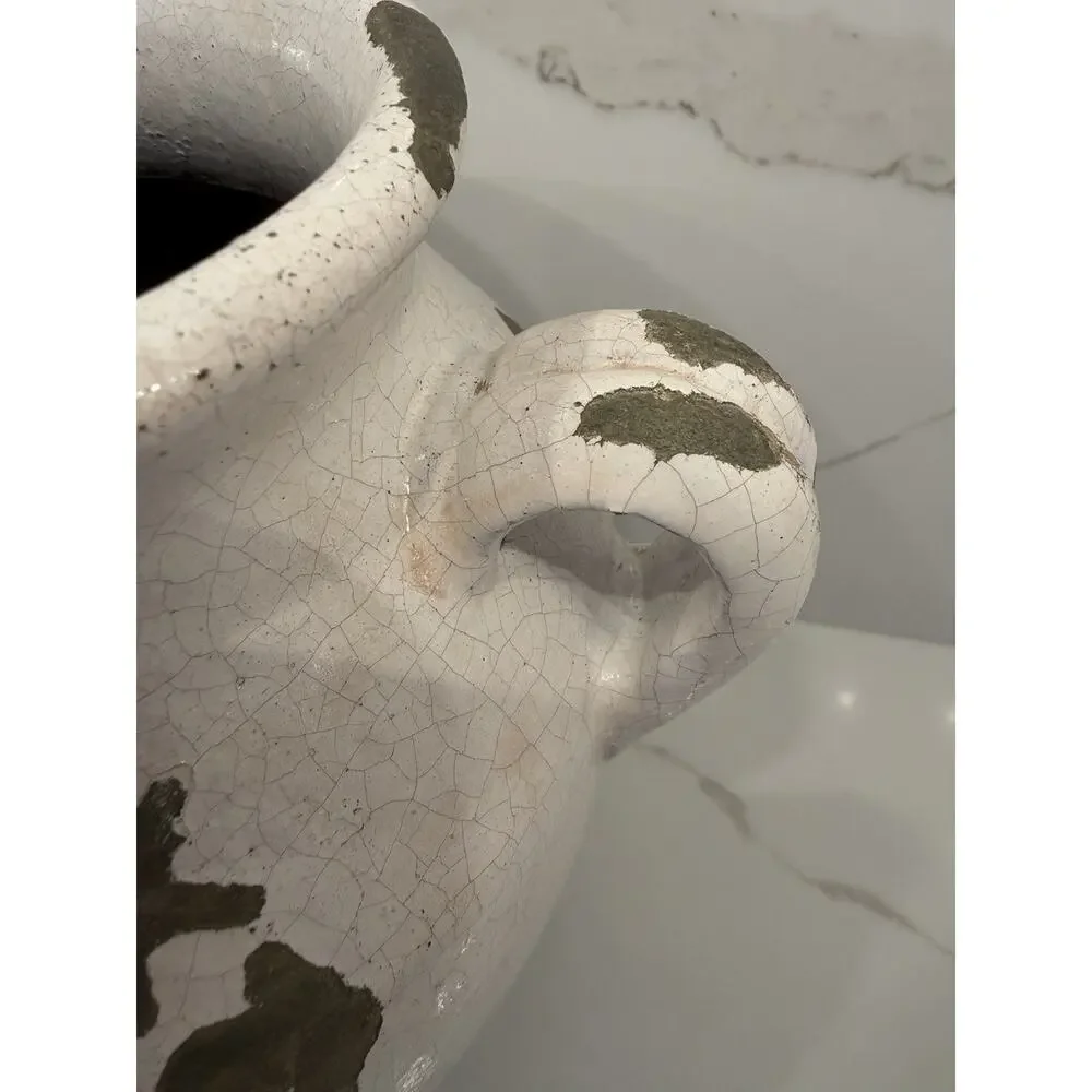 Pottery Barn Tuscany Crackle Glaze Terracotta Ceramic Urn Vase Rustic White